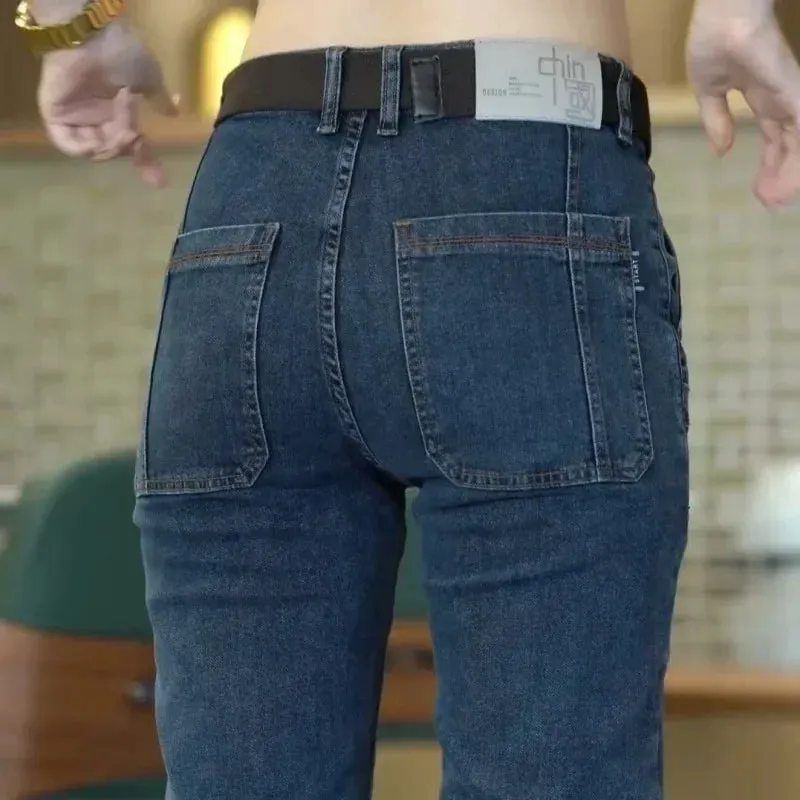 İlkbahar Yaz Ince Altı Cep erkek Kot Elastik Düz Bacak Rahat Slim Fit Kot Çok Yönlü Çok Cep Uzun Y2K Denim Pantolon — image 4