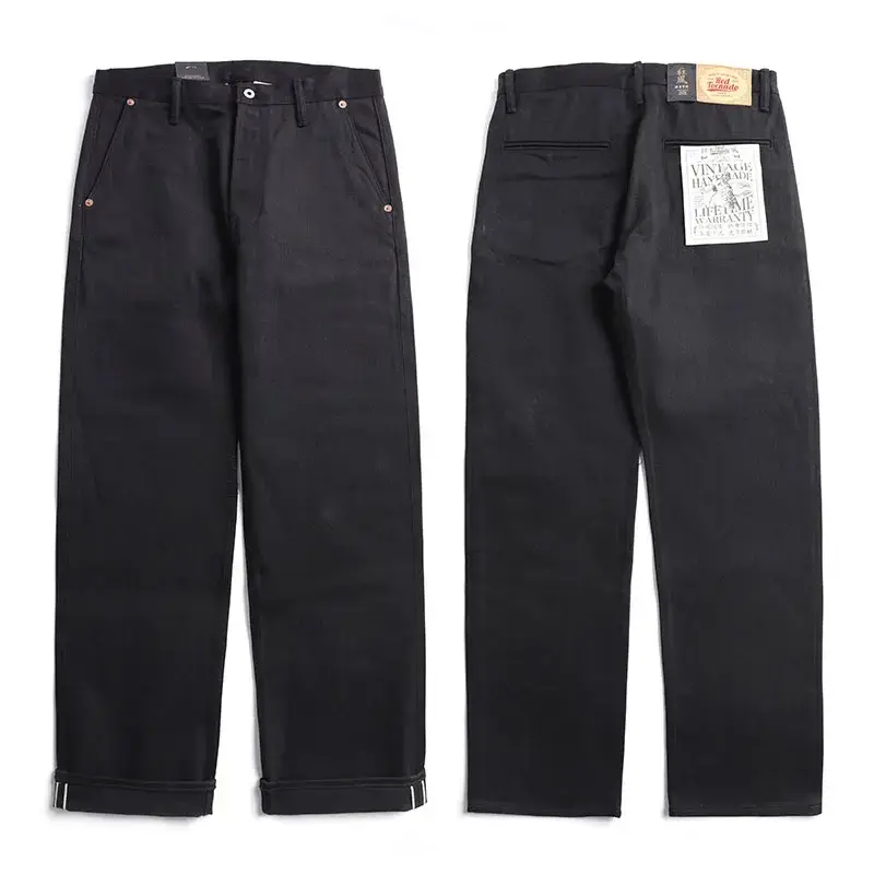 Jeans da uomo rossi Tornado neri, vestibilità rilassata, pantaloni da ufficiale in denim con cimosa da 14,5 once