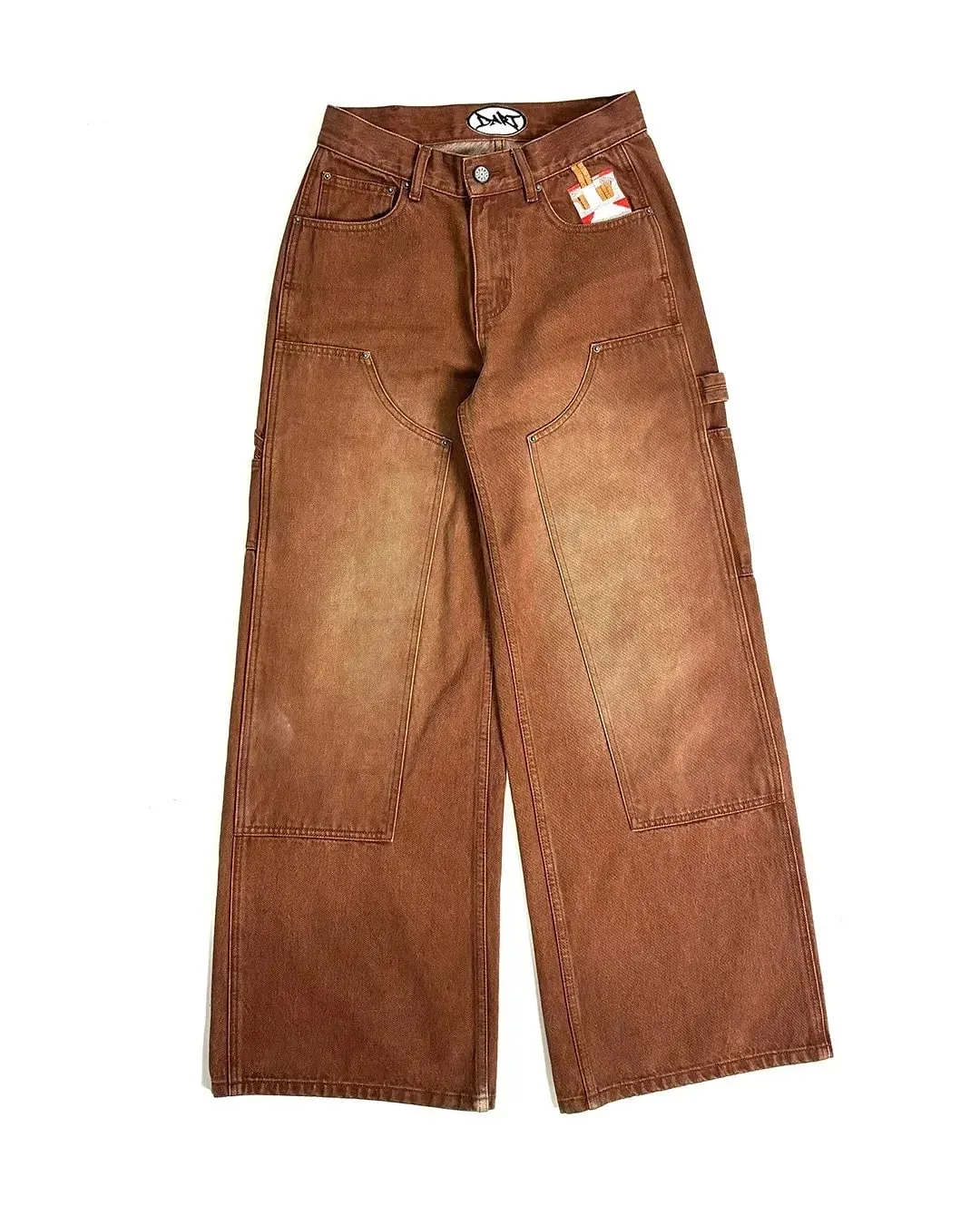 Mens Streetwear สีน้ำตาลล้าง Denim กางเกงช่างไม้รูปแบบบุหรี่กระเป๋าหลวมสูงเอวกว้างขากางเกงยีนส์สวมใส่ทุกวัน