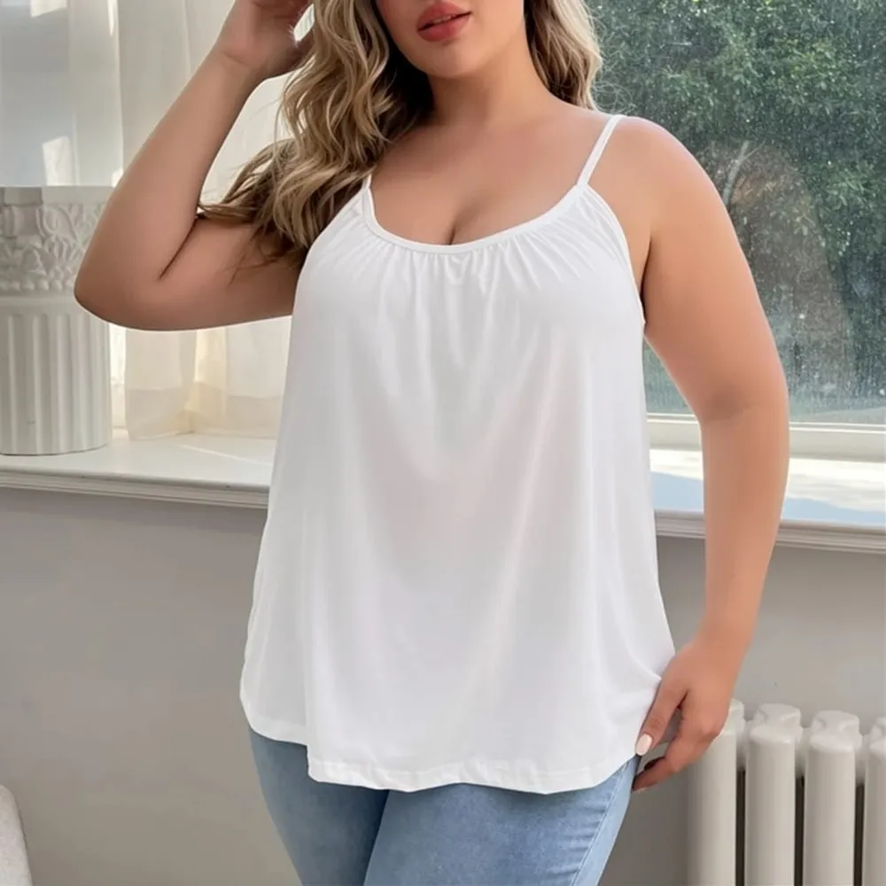 PLUS ขนาดเบาะเสื้อ Camisole สำหรับผู้หญิงสปาเก็ตตี้ปรับได้ Camis พร้อม Bra Built Basic ฤดูร้อนเสื้อกล้ามแขนกุด