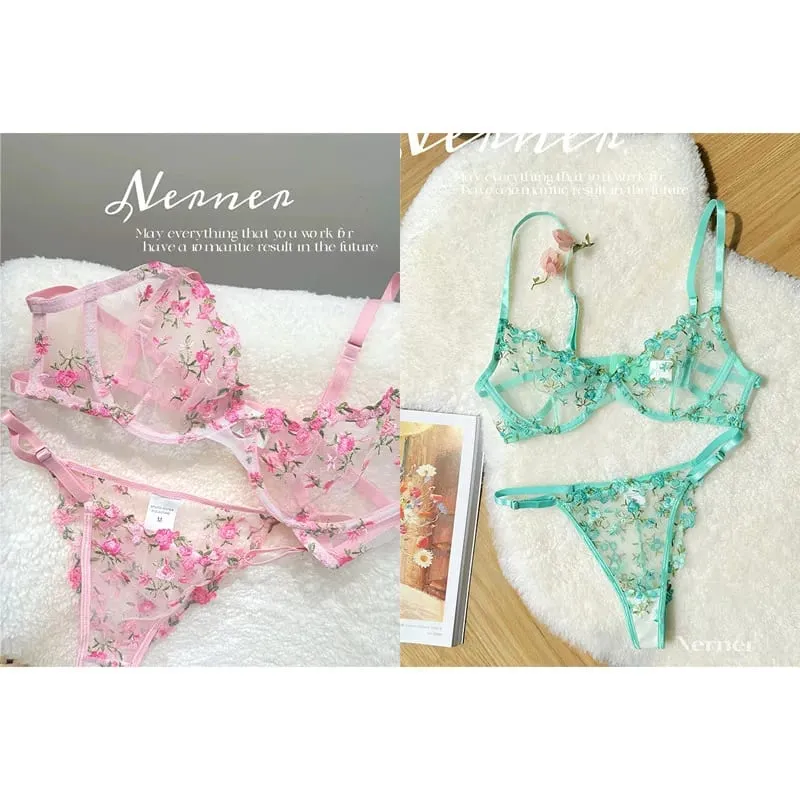 Set Bra Sulaman Renda Bunga Lutsinar Seluar Dalam Minimizer Nipis Musim Panas Lembut Bernafas Payudara Penuh Wanita Di Rumah Pakaian Harian S-XL — image 12
