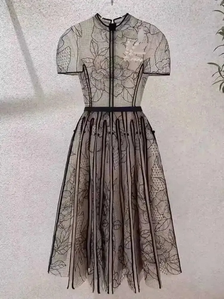 Elegant Dress O-neck Embroidery Gauze Patchwork A-line Solid Women's Evening Party Dresses 2026 Spring New Fashion 35Z927 — image 4