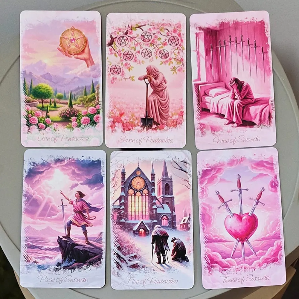 Jeu de Tarot fantaisie romantique rose, dans une boîte en fer blanc, 11x6.2cm, jeu complet de 78 cartes avec livre d'instructions, Oracle de Divination spirituelle — image 6