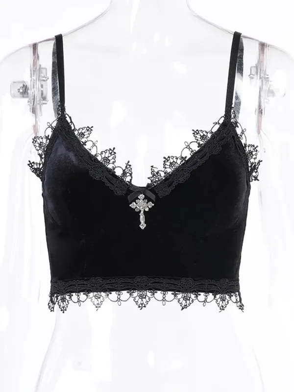 Baju Atasan Tanaman Baldu Y2K Mall Goth Potongan Renda Hitam Emo Alternatif Atasan Tanaman Estetik Wanita Tanpa Belakang Tangki Tali Seksi — image 6