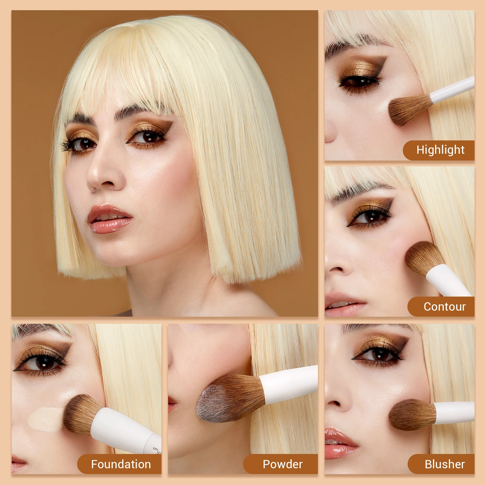 Jessup Face Brushes ชุดแปรงแต่งหน้า 5 ชิ้น Vegan Foundation Blush Bronzer แปรง Contour Fluffy Setting Powder Light สีเทา T493 — image 4