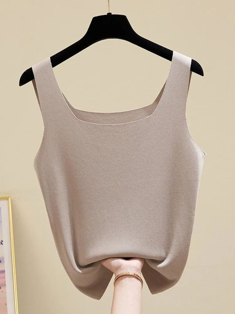 Nyári szabad vállfák női fitnesz rövid camis mellény női kötött szexi szögletes gallérral tömör termés felsők — image 4