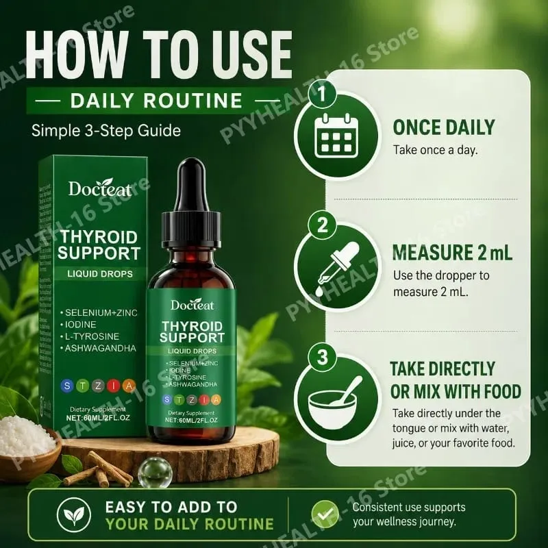 Docteat Thyroid Support Liquid Drops with Selenium Zinc Iodine L-Tyrosine & Ashwagandha Dropper Design for Daily Use 60 ML — image 4