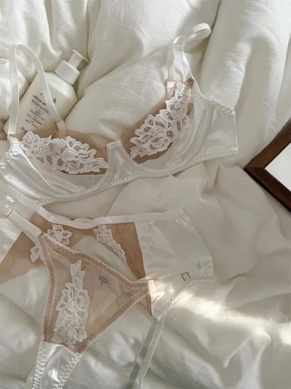Lingerie con fiori ricamati, intimo in tre pezzi, reggiseni sottili, top traspirante, set reggiseno push up da donna di grandi dimensioni — image 6