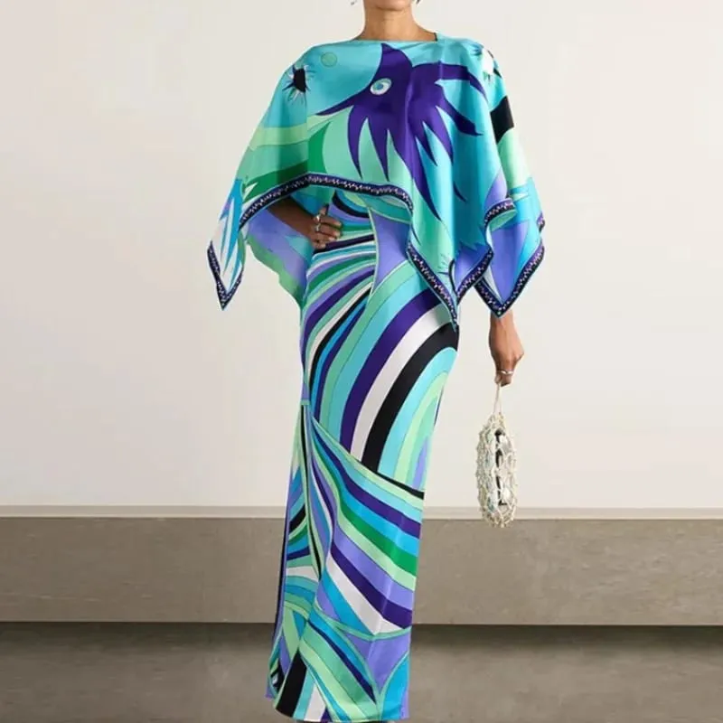 Women Tropical Leaf Print Cape Two Piece Set Batwing Loose Top High Waist Maxi Dress 2026 Summer Fashion Vacation Casual Suit — image 8