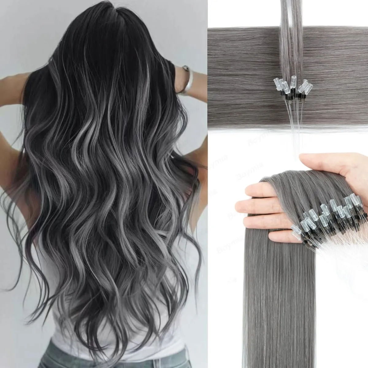 Extensions de cheveux humains colorés à micro maillons, sans colle, cheveux humains vierges, pour femmes et filles, 50 brins colorés, 30G, gris — image 2