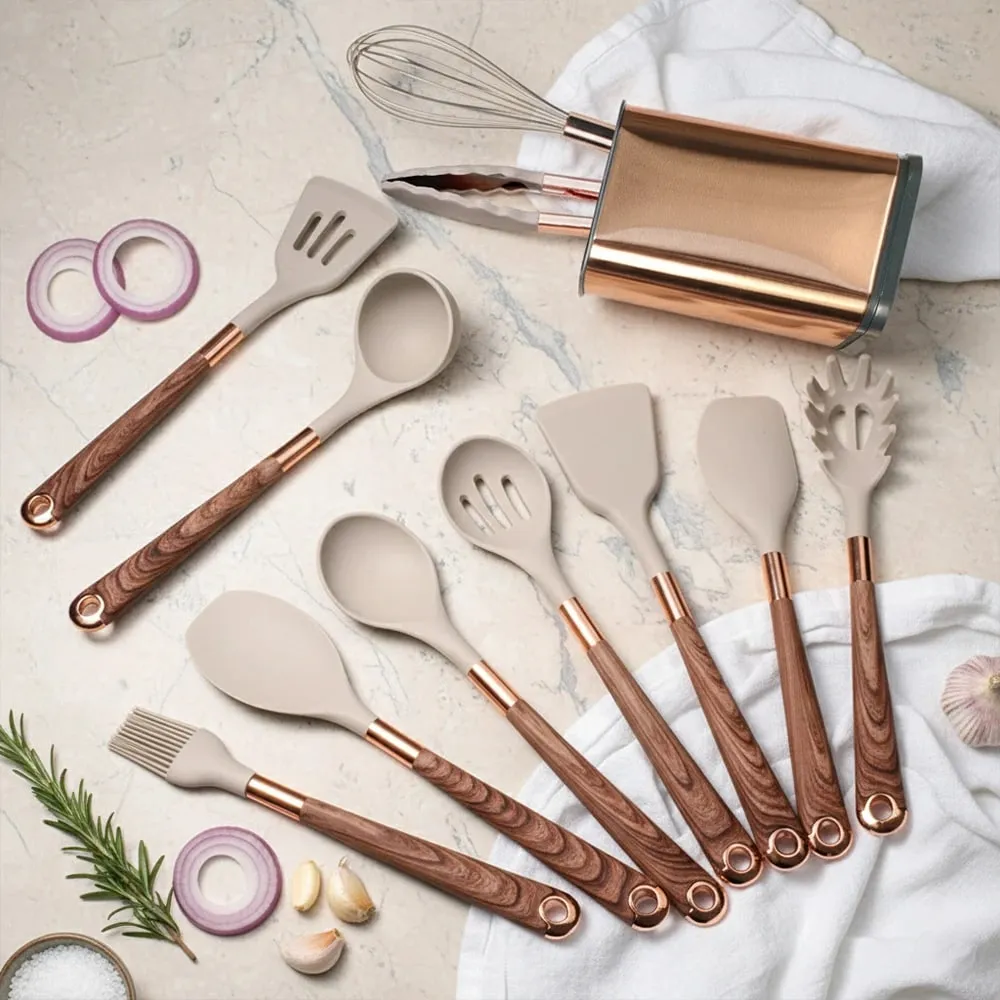 Silikone køkkenredskaber sæt non-stick non-stick varmebestandig spatel ske rose guld håndtag med spand Køkken gave — image 2
