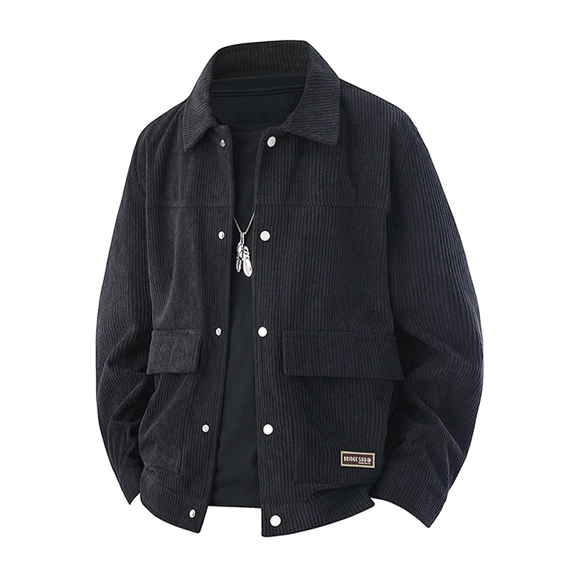 Men Classic Lapel Corduroy Jacket Metal Snap Button Large Patch Pockets Retro Vintage Casual Workwear Streetwear Male Outer Coat