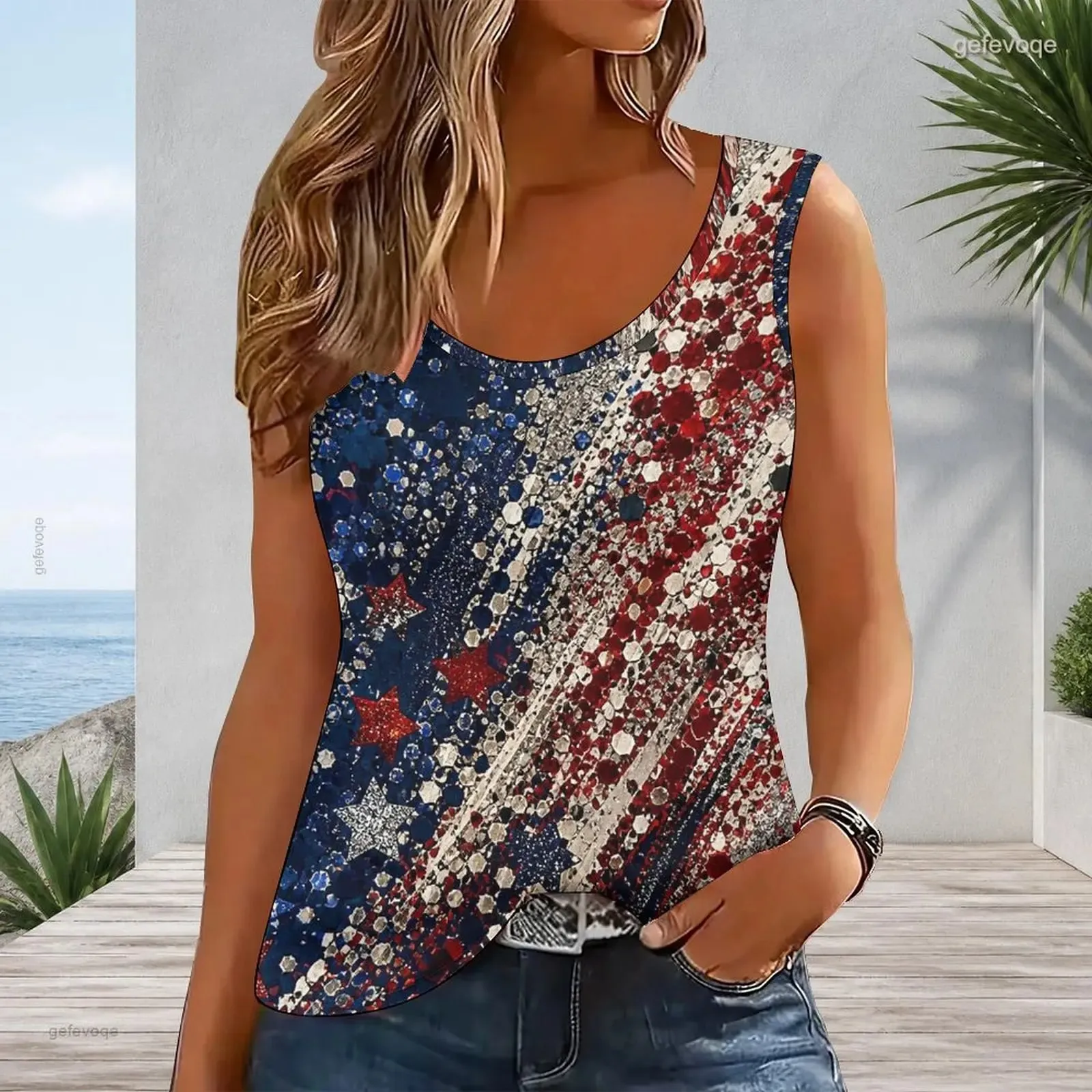 Canottiera da donna con scollo a U, senza maniche, slim basic, canotta semplice e casual, top interno esterno da donna con stampa personalizzata