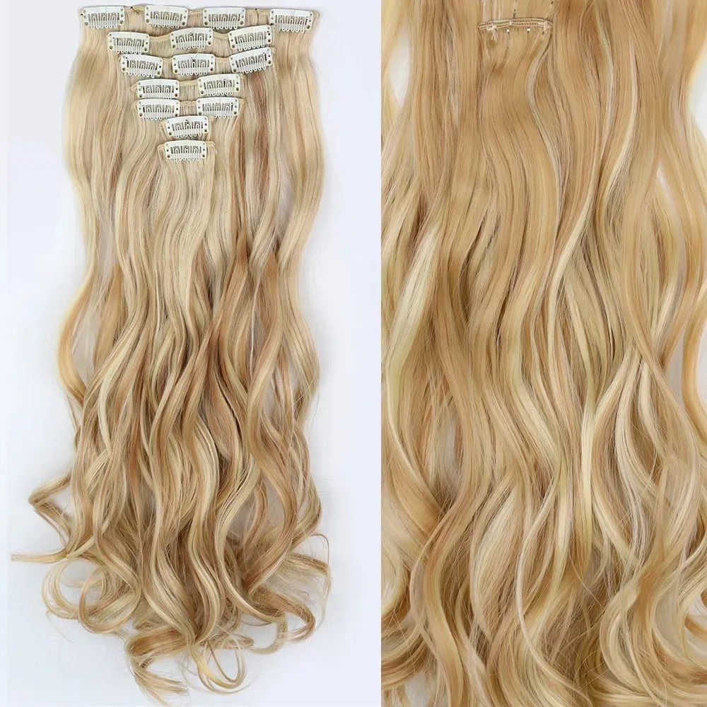 Coiffure longue droite 16 Clips 7 pièces/ensemble Extensions de cheveux postiches synthétiques blondes noires naturelles résistantes à la chaleur pour les femmes — image 29