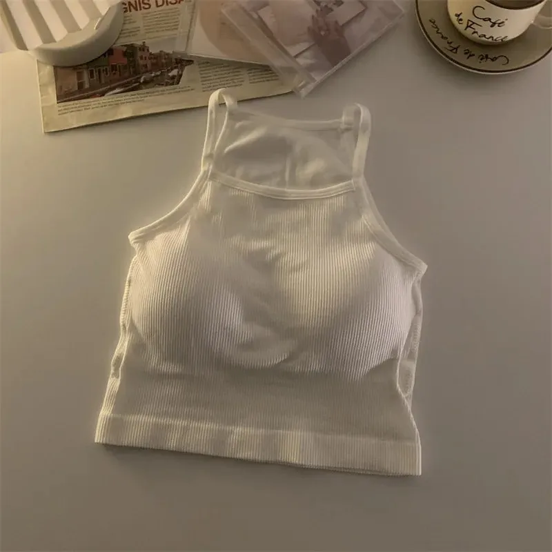 Canottiere da donna in versione coreana con filato solido, moda casual, top corto con imbottitura sul petto, senza maniche, canotta di base — image 11