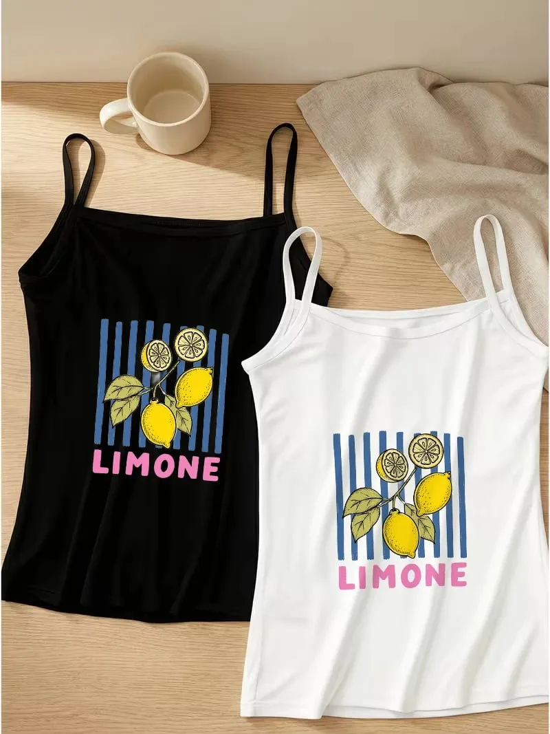 Limone 스트라이프 레몬 캐미 탱크 세트 옐로우 과일 블루 블랙 화이트 그래픽 잠옷 클럽 착용 streetwear 비치 조끼 셔츠 — image 1