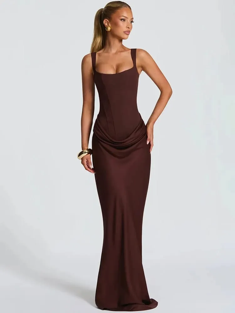 Mozision Abito lungo sexy increspato senza schienale da donna elegante colletto quadrato spalline affusolate senza maniche aderente abito lungo da festa per club — image 2