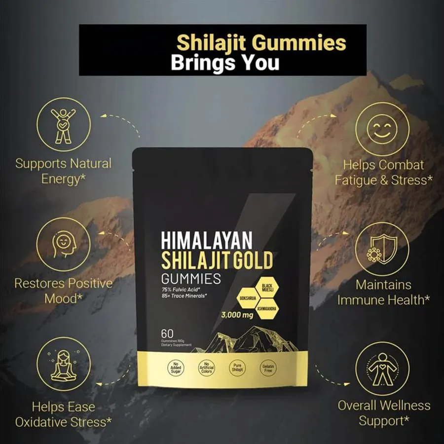Gli integratori nutrizionali giornalieri di Shilajit Gummies puro dell'Himalaya contengono oltre 85 oligoelementi 60 pezzi per bottiglia — image 2
