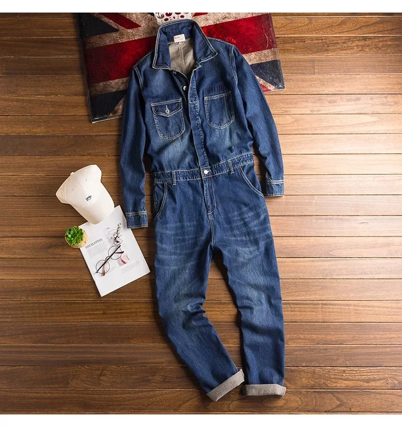 Denim Jumpsuits Loose Pockets Long Sleeve Overalls Lapel Collar Pockets Cargo Jeans for Men