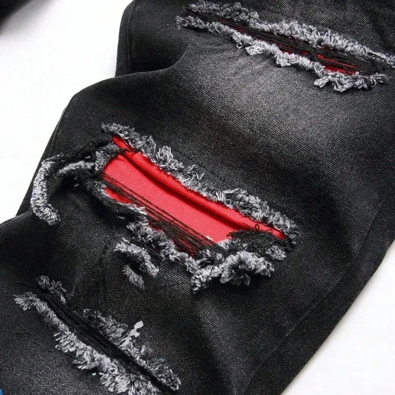 2025 ฤดูใบไม้ร่วงใหม่ยืดกางเกงยีนส์แฟชั่น Ripped Patchwork Slim ยุโรปอเมริกันกางเกงชายสี Dot Hip Hop DENIM กางเกง — image 7