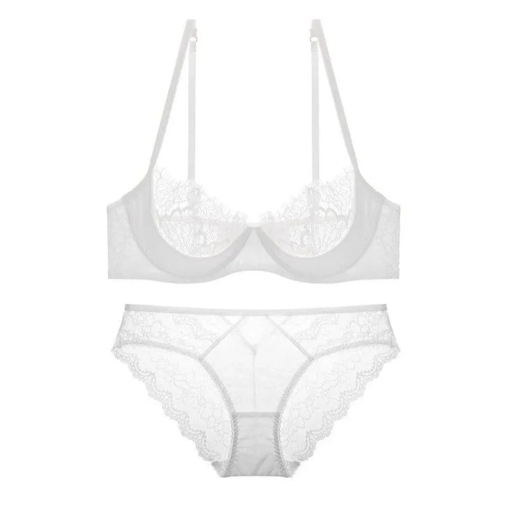 Set Bra Setengah Cangkir Renda Tipis Ultra Tipis Wanita Peminimal Payudara Besar Mendukung Pengangkat Pakaian Dalam Lingerie Kasual Nirkabel Ringan S-XL — image 1