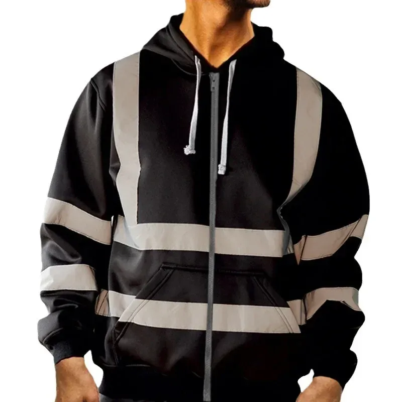 Sudaderas con capucha reflectantes de seguridad para el trabajo para hombre, chaqueta holgada con cordón y cremallera, Jersey fino de lana con capucha, abrigo, sudadera de trabajo informal — image 18