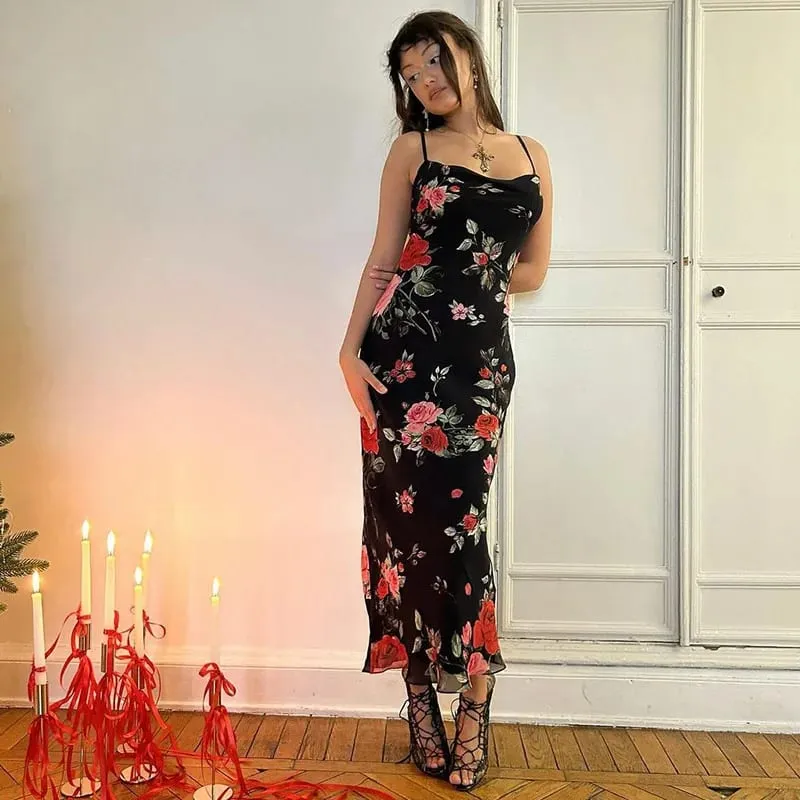 Flowers Print Spaghetti Strap Dresses Women Temperament Package Hip Bodycon Long Dress Fashion Sexy Backless Lady Slim Vestidos — image 5