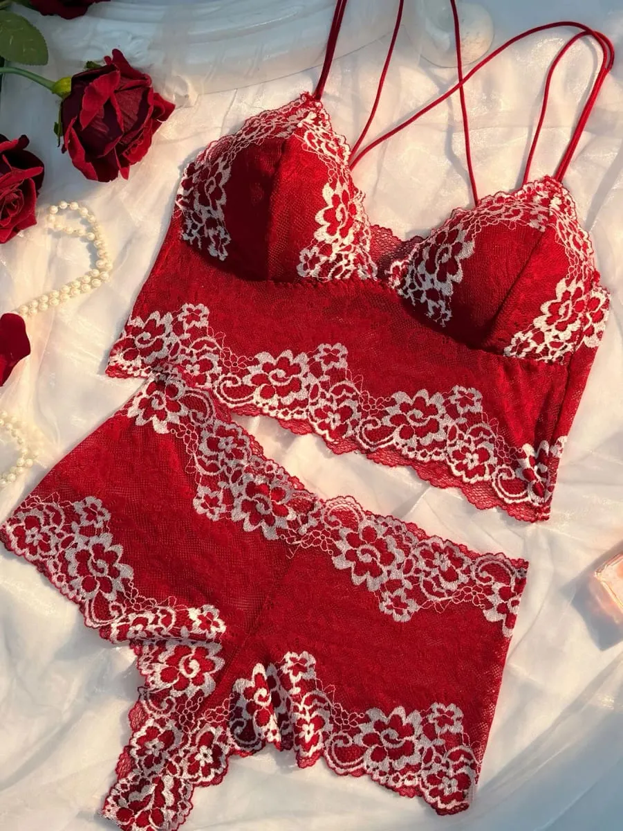Exquisite kontrastierende Blumenspitze, eng anliegendes Netz, durchsichtig, Kreuz, schöner Rücken, Strapse, sexy Dessous, 2-teiliges Set 2026