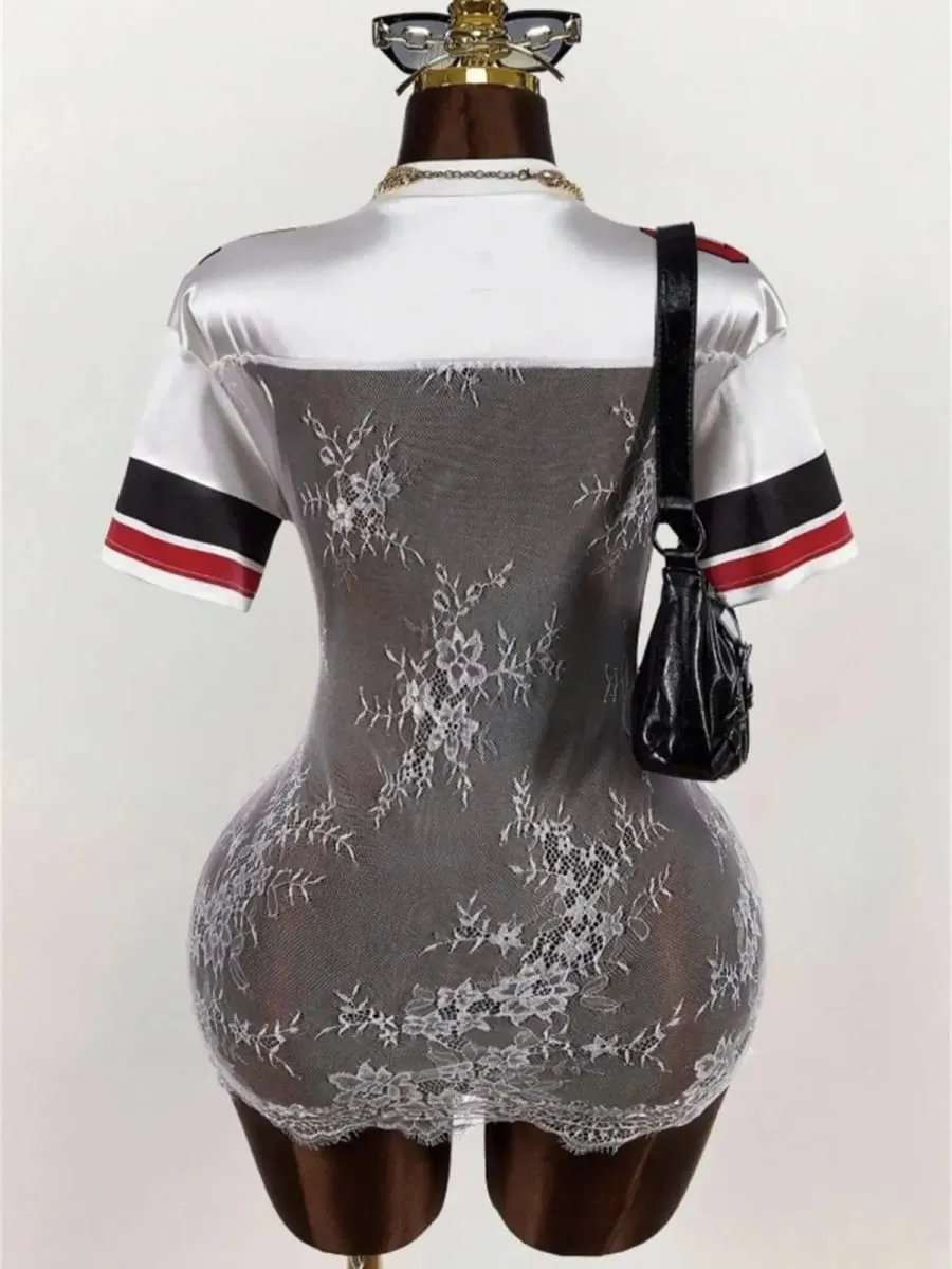 Weird Puss Sexy See Through Mini Dress Women Jacquard Lace Digital Print Patchwork Stretch Coquette Party Club Trend Bodycon