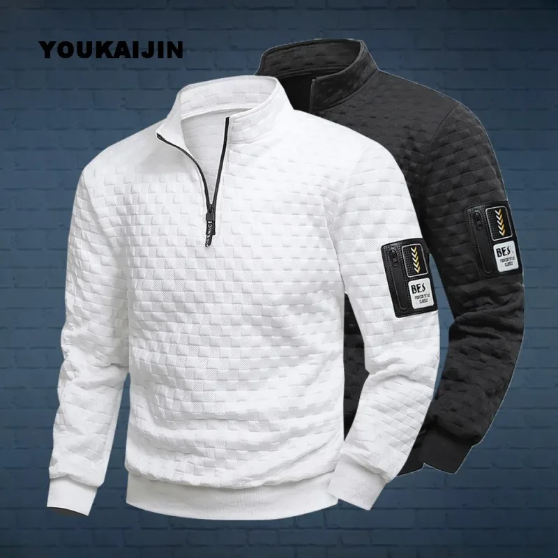 Men's Quarter Zip Sweatshirts Casual Fall Mock Neck White Loose Pullover Long Sleeve Solid Graphic Zip Up Sweatshirt — image 2