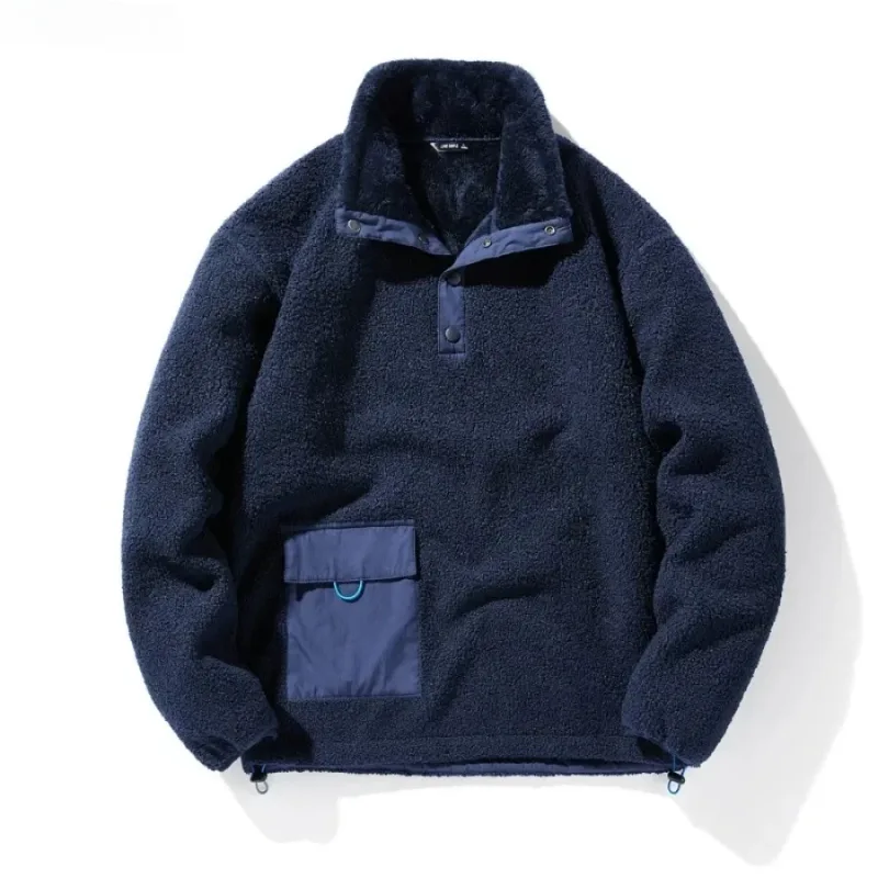 Nye sweatshirts til mænd Fashion Patchwork Lomme Fleece-foret Varm Pullover Overdele Polar-fleece til mænd Løse Casual Hættetrøjer Frakker — image 5