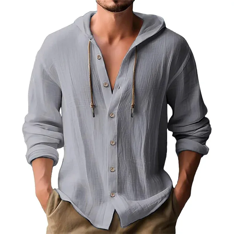 Men's Solid Color Casual Shirt Hooded Drawstring Cotton and Linen Cardigan Trendy and Versatile Loose Beach T-Shirt — image 6