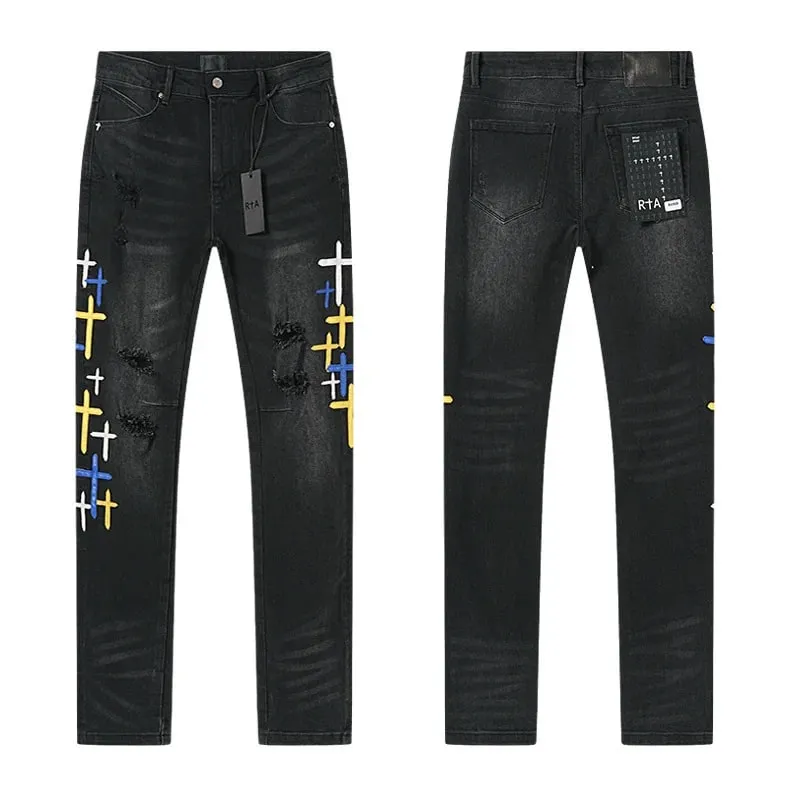 New RTA Destroyed Scratch Hole Light Blue Distressed Jeans Men's High Street Elastic Slim Fit Jeans 2026 Brand Pants Streetwear — image 11