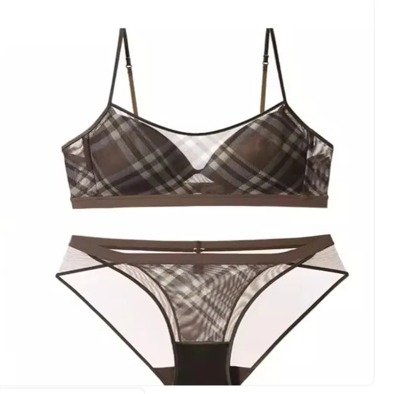 Dámské americké retro kostkované intimky set tenká push up podprsenka proti ochabování podpaží podpora tuku pohodlí každodenní nošení — image 1