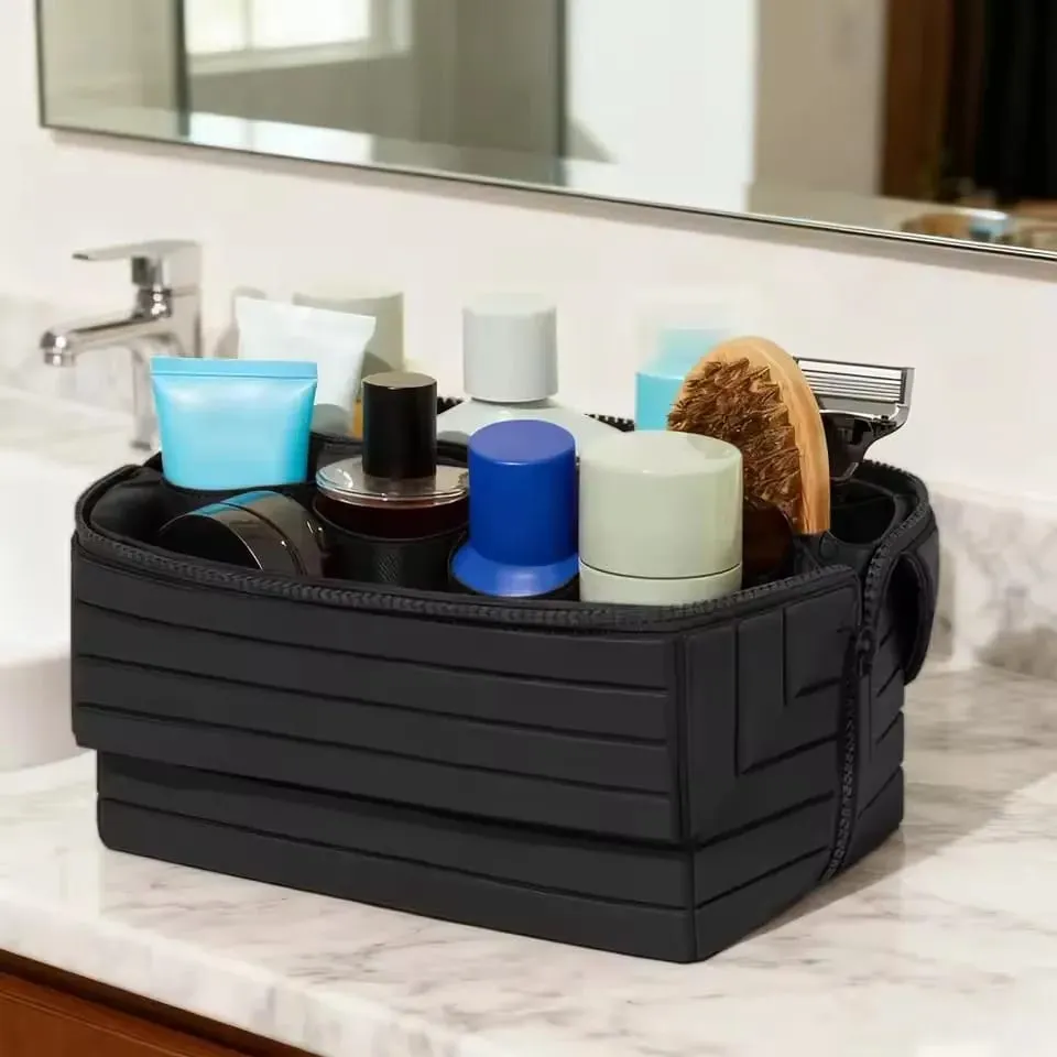 Borsa da viaggio pieghevole per trucchi Borsa da toilette grande impermeabile da appendere Organizzatore cosmetico con scomparti antigoccia per uso del trucco — image 4