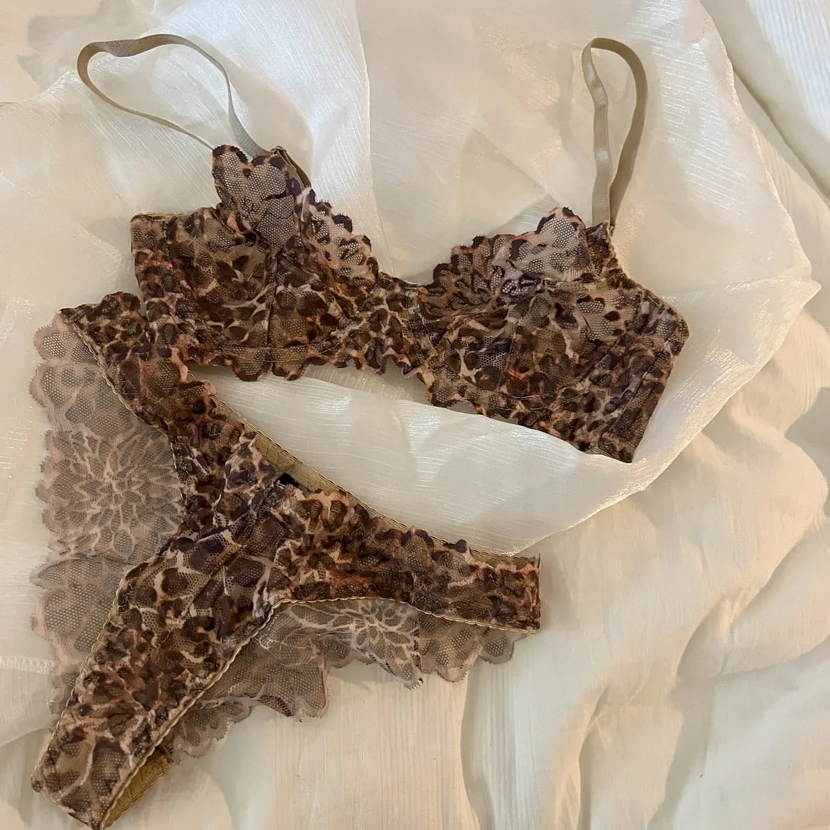 French Sexy Underwear Thin Leopard Print Transparent Lingerie Comfortable Women's Gathered Underwire see through bra Set Thong — image 2