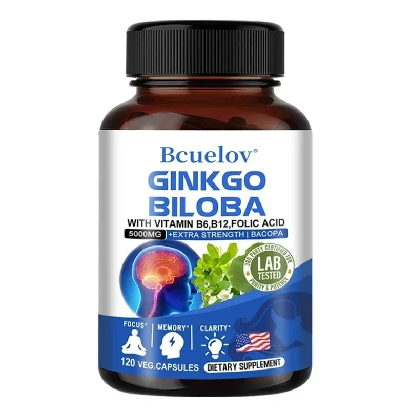 Ginkgo Biloba 5000 mg Extra Fuerte - Apoya la función cerebral y el enfoque de la memoria Alivio del estrés 120 cápsulas vegetales — image 9