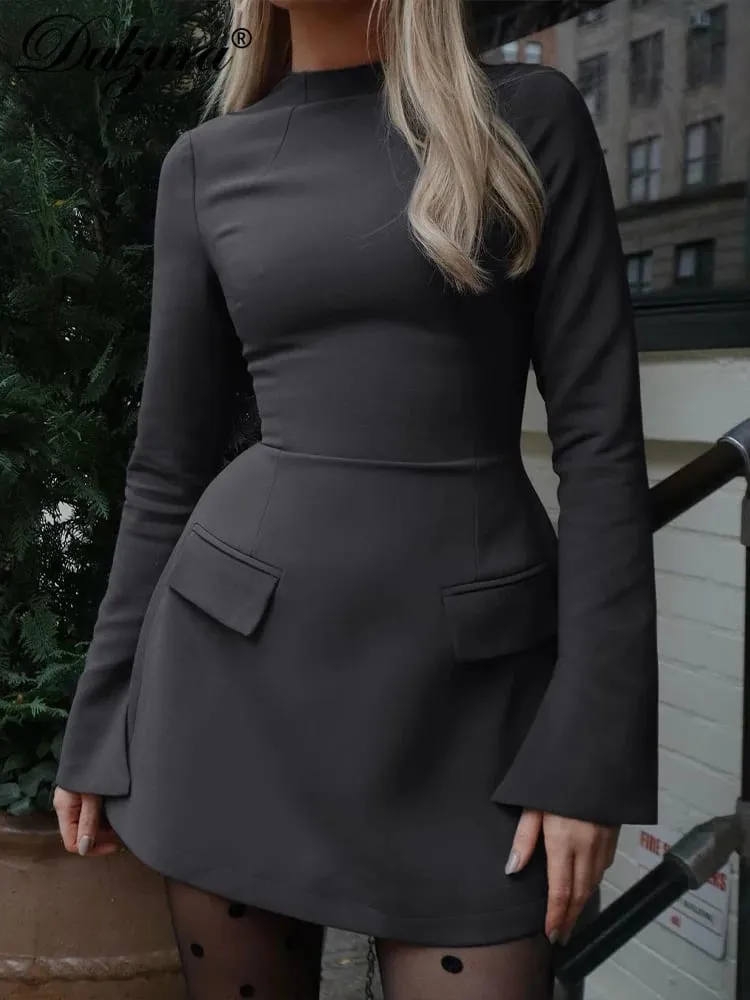 Dulzura Long Sleeves Zipper Bodycon Mini Dress With Pocket Solid Elegant Outfit Office Streetwear Women’S Autumn Winter Clothes — image 4