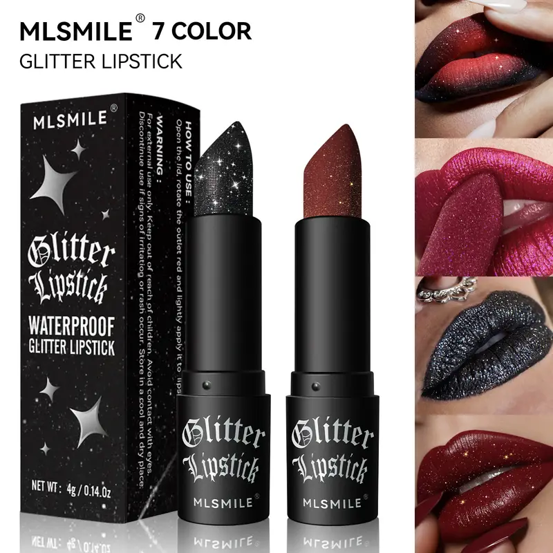 7Colors Glitter Lipstick Waterproof Long Lasting Diamond Pearlescent Metallic Lipstick Black Lipgloss Women Lips Makeup Cosmetic — image 2