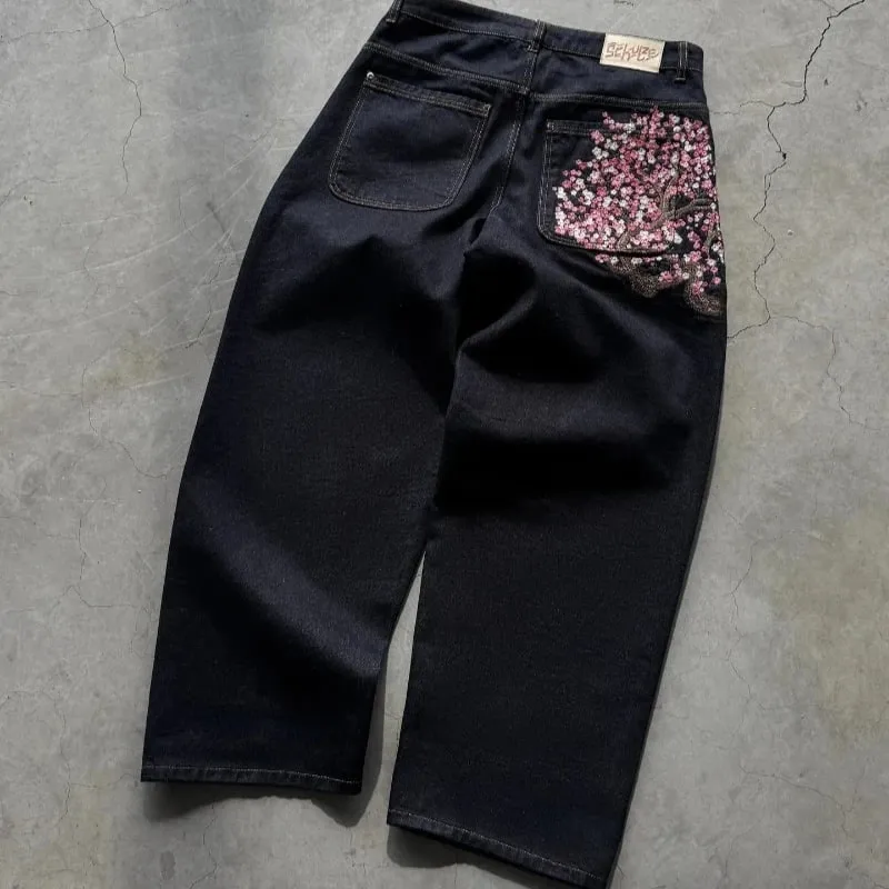 Y2K Baggy Jeans Cherry Blossom Embroidery Denim Pants Men Women American Hiphop Streetwear Wide Leg Denim Trousers — image 3