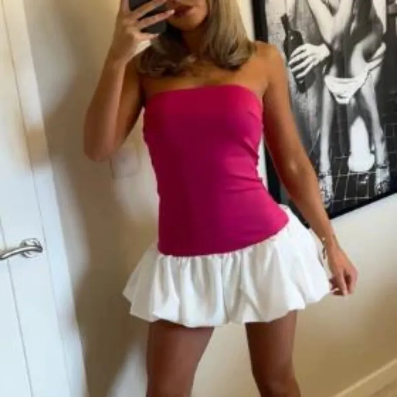 Sexy minišaty bez ramínek NOVÉ Letní jednobarevné nafouknuté bublinkové krátké šaty společenské šaty bez ramen pro koktejlové streetwear — image 5