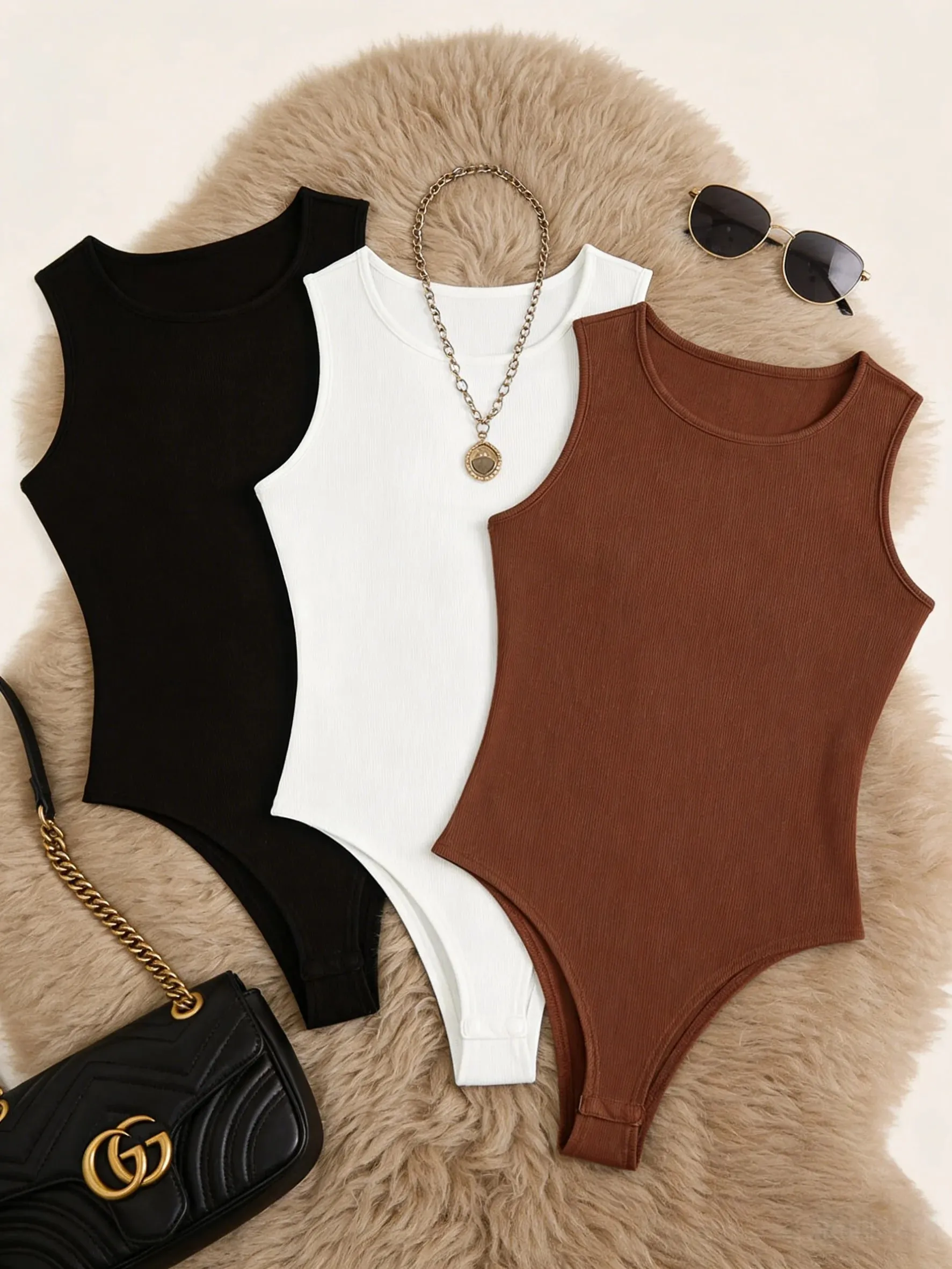 Kvinder 3-pak solid rib-bodysuit med rund hals Afslappet ærmeløs figursyet bodysuit i ét stykke — image 4