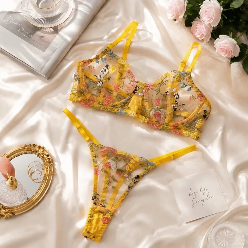 Veelzijdige transparante lingerieset Ultradunne elegante borduursels Bloemenondergoed Push-up slipje BH-set Dames — image 4