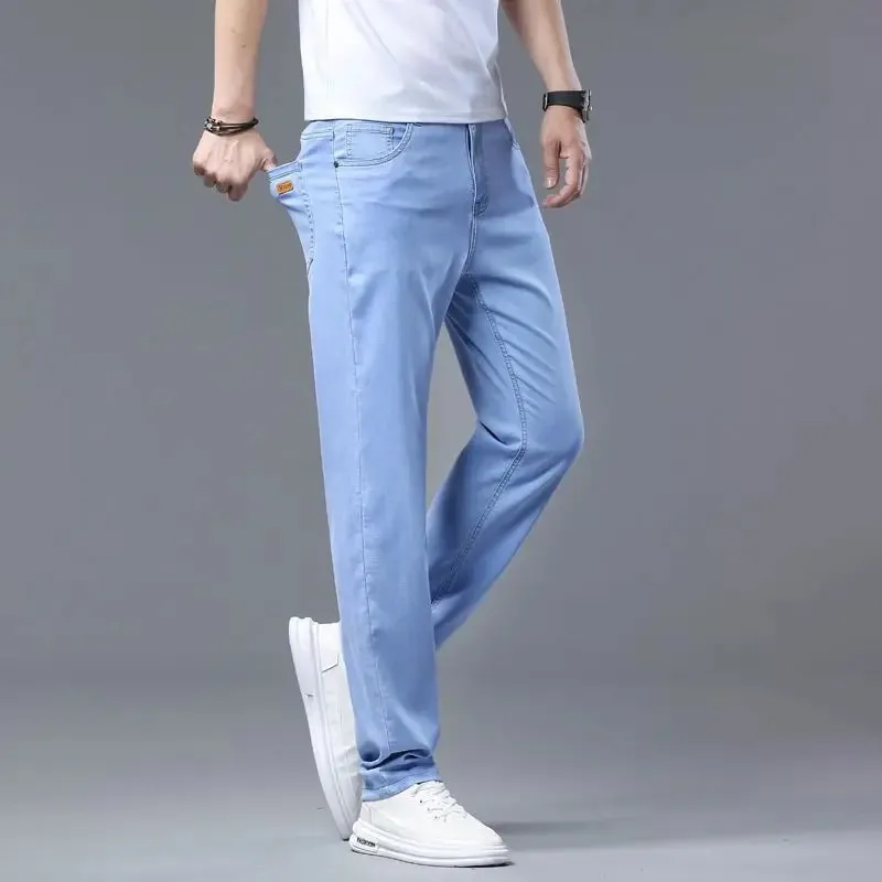 2025 sommer Neue männer Sky Blue Schlank Stretch Jeans Lyocell Dünne Stil Mode Lässig Eis Seide Denim Hosen Männliche marke Hosen — image 4