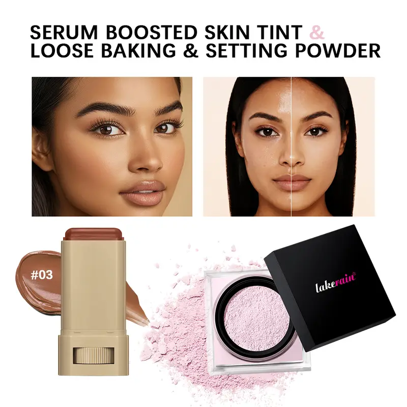 Serum Boosted Skin Tint Stick & Loose Baking Setting Powder Kawalan Minyak Mekap Alas Pakaian Panjang Mekap Sekata Tona Kulit Mekap Kemasan Matte — image 2
