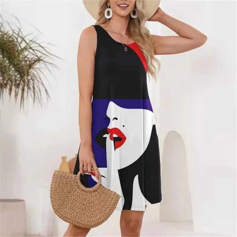 Mini abiti moda donna con motivo viso Mini abiti estivi senza maniche con stampa 3D Abito da donna da strada 3XL Abito casual taglie forti — image 5