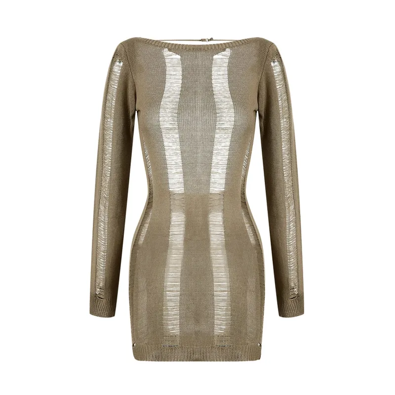 Puloru Sexy Knitted Cutout Short Dress 2022 Spring Summer Backless Long Sleeve Round Neck Wrapped Mini Dresses Streetwear Solid — image 10