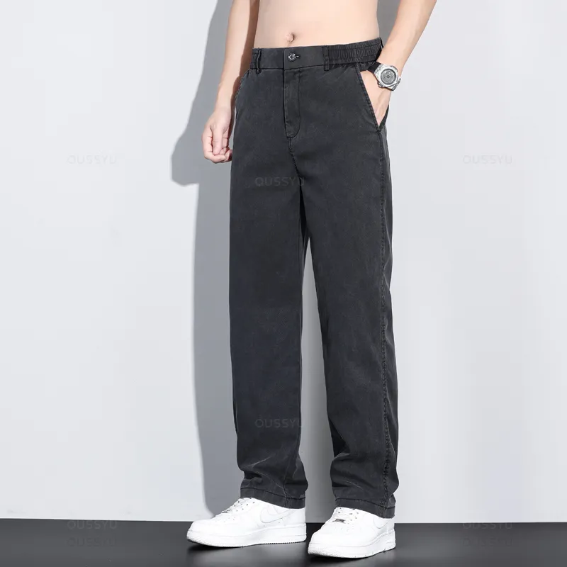Summer New Upgrade Soft Lyocell Fabric Jeans Men Ultrathin Blue Elastic Waist Loose Straight Denim Trousers Male Plus Size 5XL — image 5