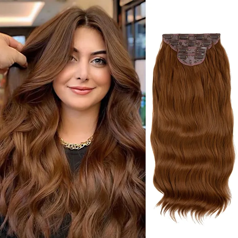 สังเคราะห์ยาวหยักคลิปในส่วนขยายของผม 22 "4 ชิ้น/เซ็ตหนา Hairpiece สำหรับผู้หญิงสีบลอนด์สีน้ำตาลสีดำธรรมชาติผมปลอม — image 17