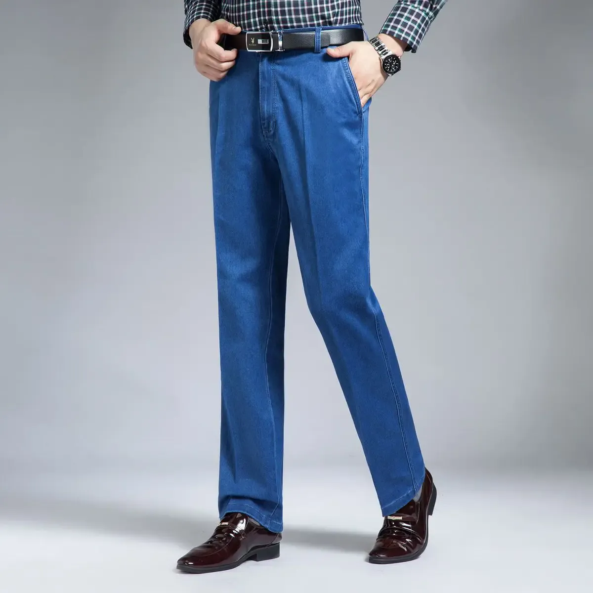 Primavera e verão jeans de meia-idade high-end elástico solto de cintura alta jeans masculino pai calças jeans de negócios — image 4